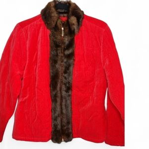 Liz Claiborne Y2K Red Velvet Faux Mink Fur Quilted Coat S